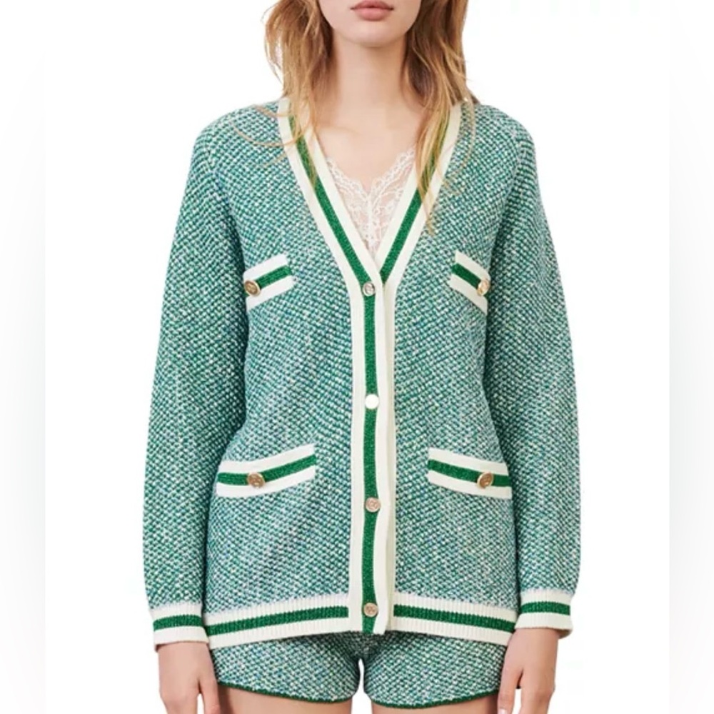 Maje Maitresse Metallic Green Threaded Cardigan with Gold Accents